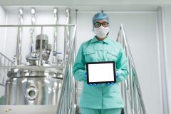 caucasian scientist in blue lab uniform and glasses stand on chromed stairs and hold empty tablet towards camera