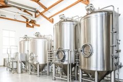 Rows of stainless steel brewing tanks stand in a modern brewery with wood beams on the ceiling. The tanks are shiny and reflect the light in a contemporary industrial space.